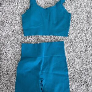 Teal Ribbed Sports Bra and biker shorts Set
